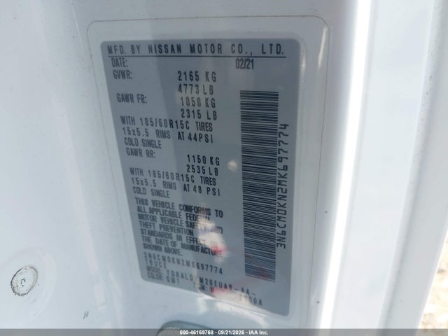 Продажа на аукционе авто 2021 Nissan Nv200  Cargo S Xtronic Cvt, vin: 3N6CM0KN2MK697774, номер лота: 46169768