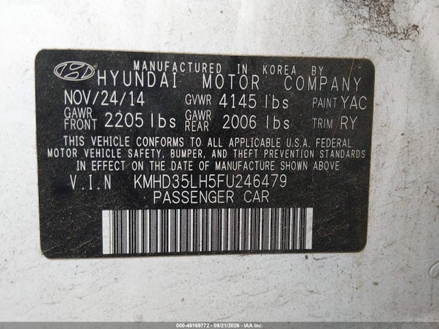 2015 Hyundai Elantra Gt მანქანა იყიდება აუქციონზე, vin: KMHD35LH5FU246479, აუქციონის ნომერი: 46169772