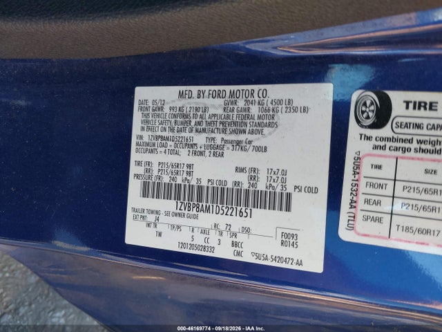 2013 Ford Mustang V6 მანქანა იყიდება აუქციონზე, vin: 1ZVBP8AM1D5221651, აუქციონის ნომერი: 46169774