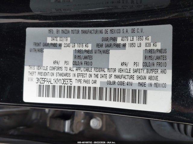 Продаж на аукціоні авто 2019 Mazda Mazda3 Select Package, vin: 3MZBPAAL1KM106375, номер лоту: 46169782