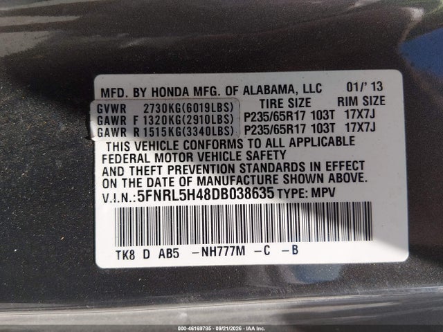 46169785 :رقم المزاد ، 5FNRL5H48DB038635 vin ، 2013 Honda Odyssey Ex مزاد بيع
