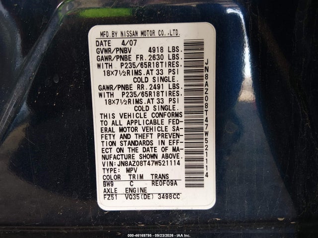 Продаж на аукціоні авто 2007 Nissan Murano Sl, vin: JN8AZ08T47W521114, номер лоту: 46169795