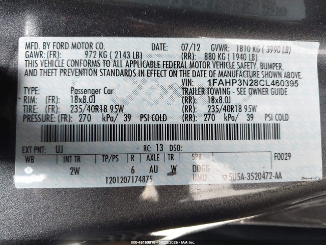 2012 Ford Focus Titanium მანქანა იყიდება აუქციონზე, vin: 1FAHP3N28CL460395, აუქციონის ნომერი: 46169816