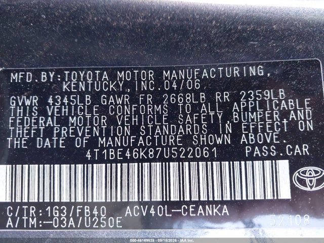 Auction sale of the 2007 Toyota Camry Le, vin: 4T1BE46K87U522061, lot number: 46169828