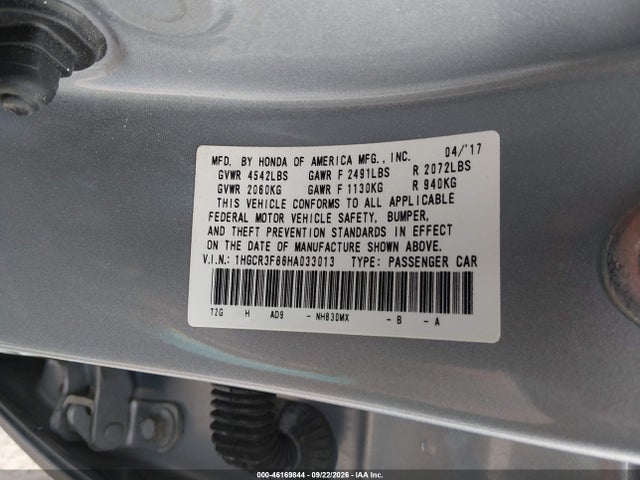 46169844 :رقم المزاد ، 1HGCR3F86HA033013 vin ، 2017 Honda Accord Ex-l V6 مزاد بيع
