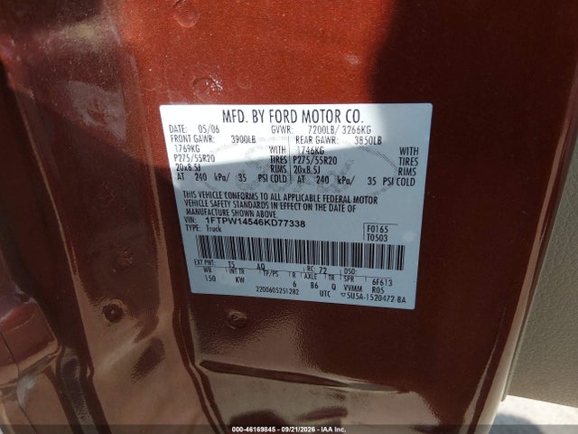 2006 Ford F-150 Fx4/lariat/xlt მანქანა იყიდება აუქციონზე, vin: 1FTPW14546KD77338, აუქციონის ნომერი: 46169845
