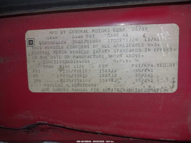 Aukcja sprzedaży 1989 Chevrolet Blazer S10, vin: 1GNCT18Z3K0184048, numer aukcji: 46169848