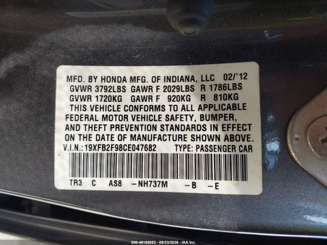 Aukcja sprzedaży 2012 Honda Civic Ex-l, vin: 19XFB2F98CE047682, numer aukcji: 46169853