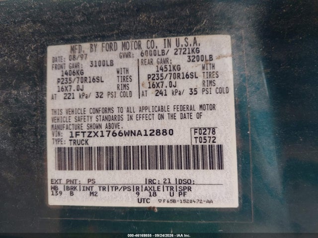 Продажа на аукционе авто 1998 Ford F-150 Lariat/standard/xl/xlt, vin: 1FTZX1766WNA12880, номер лота: 46169855