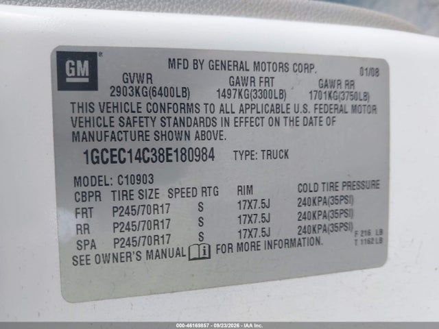 46169857 :رقم المزاد ، 1GCEC14C38E180984 vin ، 2008 Chevrolet Silverado 1500 Work Truck مزاد بيع