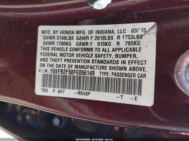 Honda Civic Lx 2015 19XFB2F50FE056149 Image 9