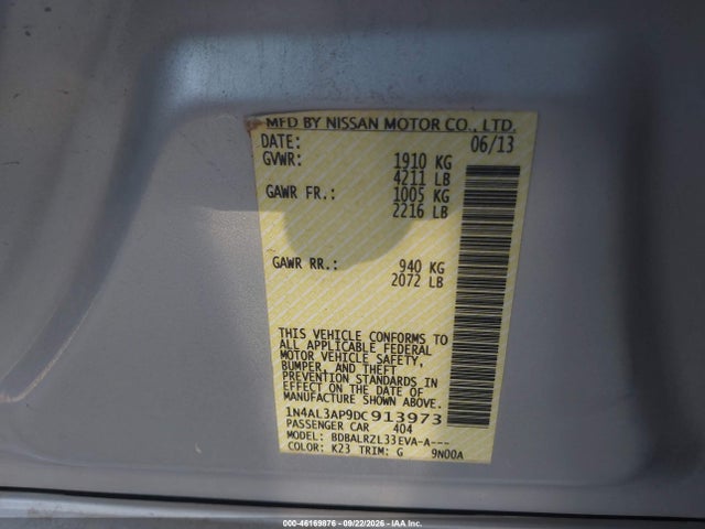 46169876 :رقم المزاد ، 1N4AL3AP9DC913973 vin ، 2013 Nissan Altima 2.5 S مزاد بيع
