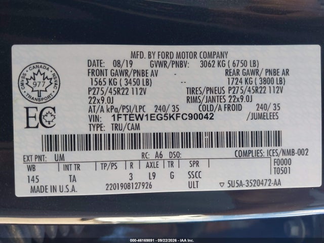 Ford F-150 Limited 2019 1FTEW1EG5KFC90042 Image 9
