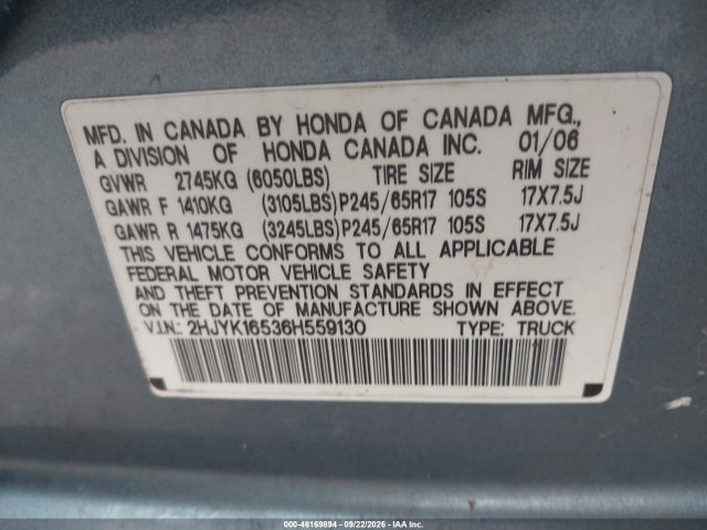 Продаж на аукціоні авто 2006 Honda Ridgeline Rtl, vin: 2HJYK16536H559130, номер лоту: 46169894