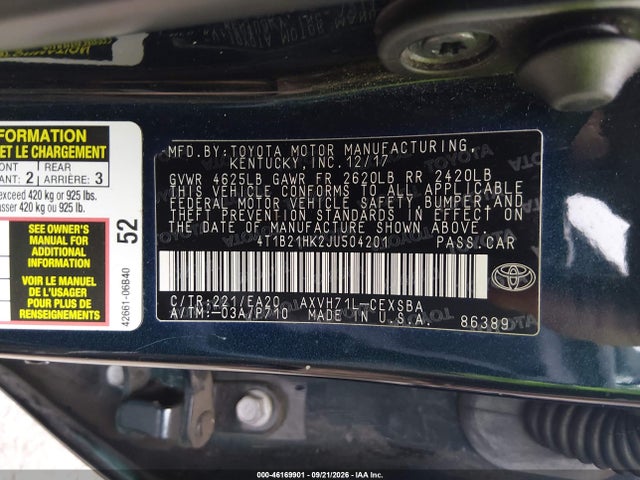 46169901 :رقم المزاد ، 4T1B21HK2JU504201 vin ، 2018 Toyota Camry Hybrid Se مزاد بيع
