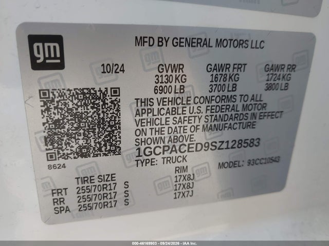 Aukcja sprzedaży 2025 Chevrolet Silverado 1500, vin: 1GCPACED9SZ128583, numer aukcji: 46169903