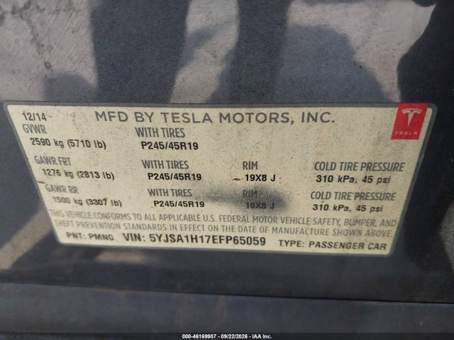 46169907 :رقم المزاد ، 5YJSA1H17EFP65059 vin ، 2014 Tesla Model S P85 مزاد بيع