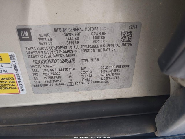 46169908 :رقم المزاد ، 1GNKRGKD3FJ248079 vin ، 2015 Chevrolet Traverse 1lt مزاد بيع