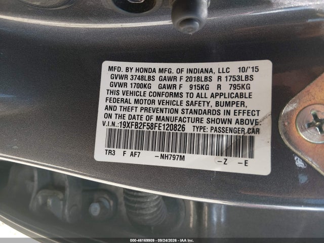 Продаж на аукціоні авто 2015 Honda Civic Lx, vin: 19XFB2F58FE120826, номер лоту: 46169909
