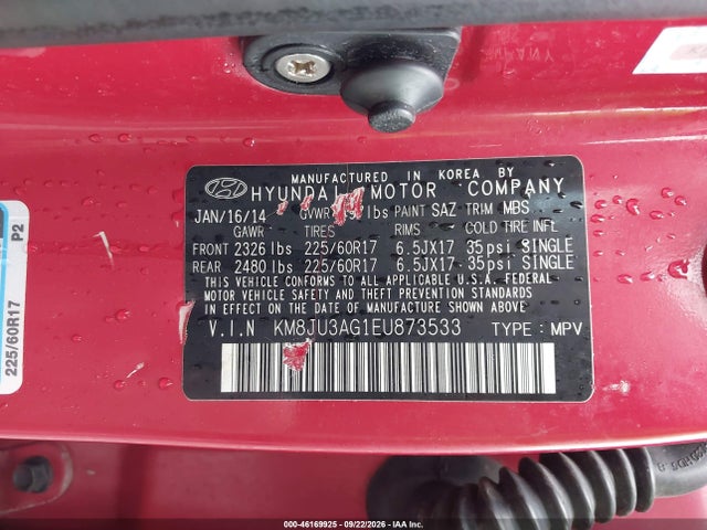 46169925 :رقم المزاد ، KM8JU3AG1EU873533 vin ، 2014 Hyundai Tucson Se مزاد بيع
