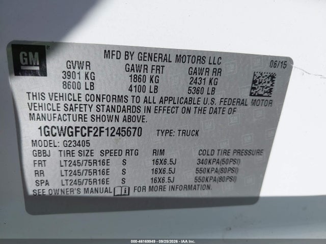 Aukcja sprzedaży 2015 Chevrolet Express 2500 Work Van, vin: 1GCWGFCF2F1245670, numer aukcji: 46169949