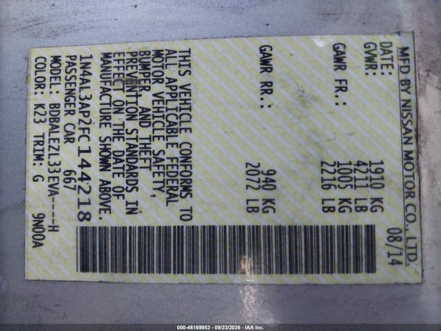 Nissan Altima 2.5 S 2015 1N4AL3AP2FC144218 Image 9