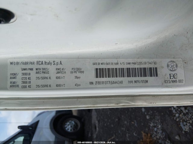 46169955 :رقم المزاد ، ZFBERFDT7F6A44348 vin ، 2015 Ram Promaster City Slt مزاد بيع