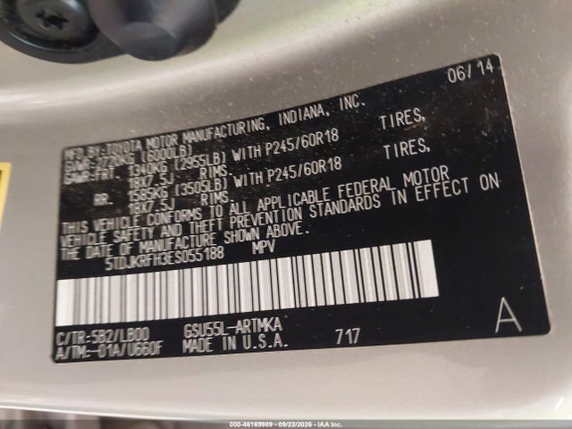 46169989 :رقم المزاد ، 5TDJKRFH3ES055188 vin ، 2014 Toyota Highlander Xle V6 مزاد بيع