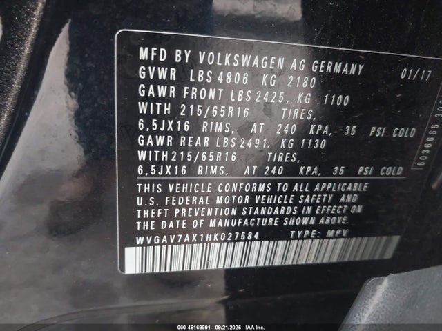 46169991 :رقم المزاد ، WVGAV7AX1HK027584 vin ، 2017 Volkswagen Tiguan 2.0t/2.0t S مزاد بيع