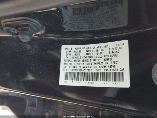 46169998 :رقم المزاد ، 1HGCR3F92GA017267 vin ، 2016 Honda Accord Touring مزاد بيع