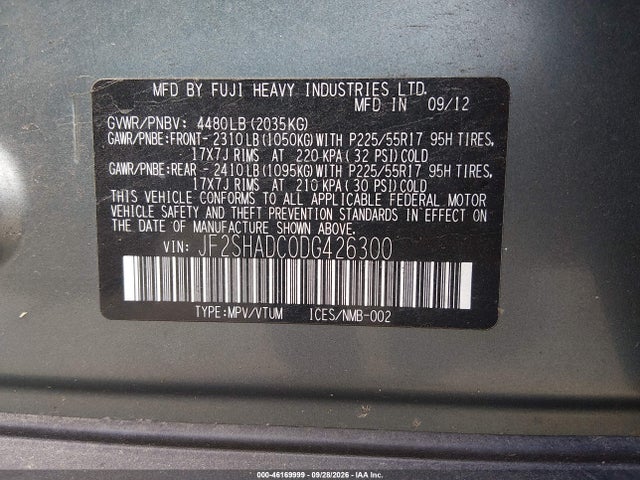 2013 Subaru Forester 2.5x Premium მანქანა იყიდება აუქციონზე, vin: JF2SHADC0DG426300, აუქციონის ნომერი: 46169999