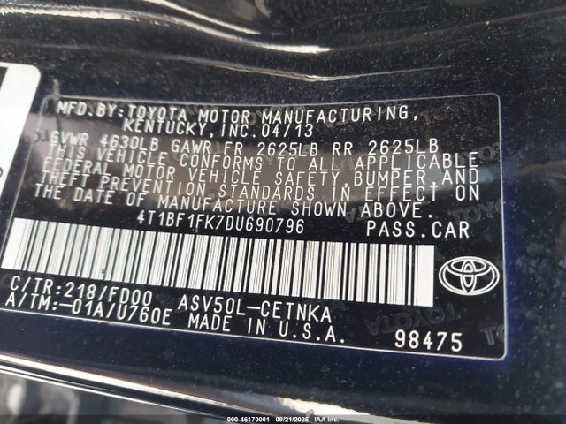 Продаж на аукціоні авто 2013 Toyota Camry Le, vin: 4T1BF1FK7DU690796, номер лоту: 46170001