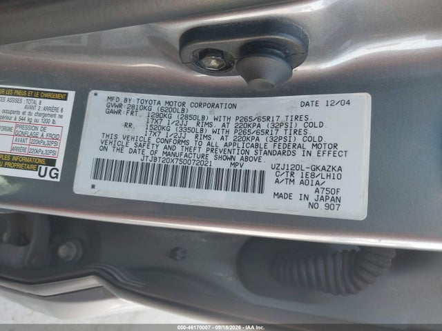Aukcja sprzedaży 2005 Lexus Gx 470, vin: JTJBT20X750072021, numer aukcji: 46170007