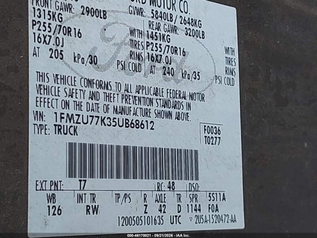 Продаж на аукціоні авто 2005 Ford Explorer Sport Trac Adrenalin/xls/xlt, vin: 1FMZU77K35UB68612, номер лоту: 46170021