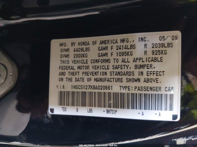 Продаж на аукціоні авто 2009 Honda Accord 2.4 Ex, vin: 1HGCS127X9A020661, номер лоту: 46170024