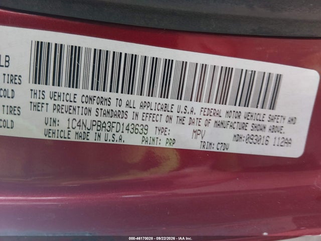 2015 Jeep Patriot Sport მანქანა იყიდება აუქციონზე, vin: 1C4NJPBA3FD143639, აუქციონის ნომერი: 46170028