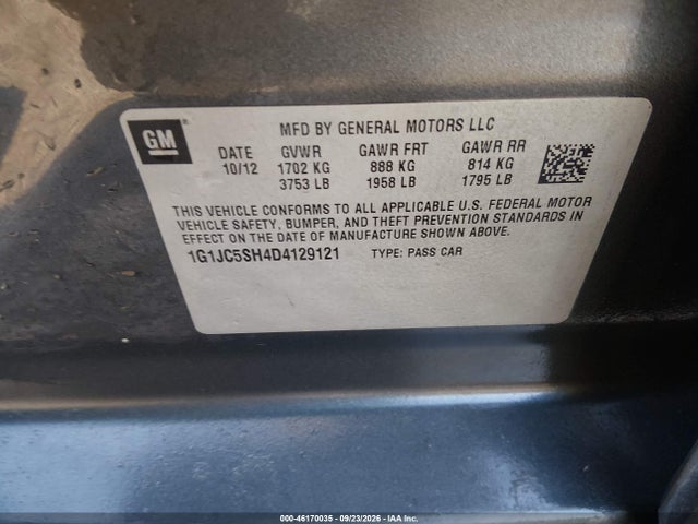2013 Chevrolet Sonic Lt Auto მანქანა იყიდება აუქციონზე, vin: 1G1JC5SH4D4129121, აუქციონის ნომერი: 46170035