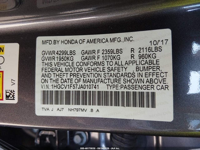 Aukcja sprzedaży 2018 Honda Accord Ex-l, vin: 1HGCV1F57JA010741, numer aukcji: 46170038