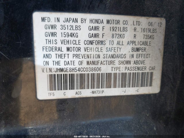 Продажа на аукционе авто 2012 Honda Fit Sport, vin: JHMGE8H54CC038606, номер лота: 46170039