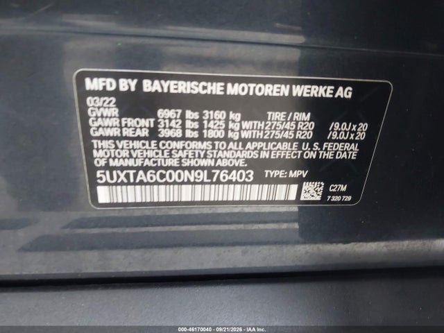 Продаж на аукціоні авто 2022 Bmw X5 Xdrive45e, vin: 5UXTA6C00N9L76403, номер лоту: 46170040