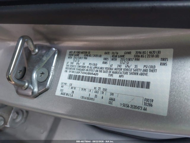 Продаж на аукціоні авто 2017 Ford Escape S, vin: 1FMCU0F7XHUB95420, номер лоту: 46170044
