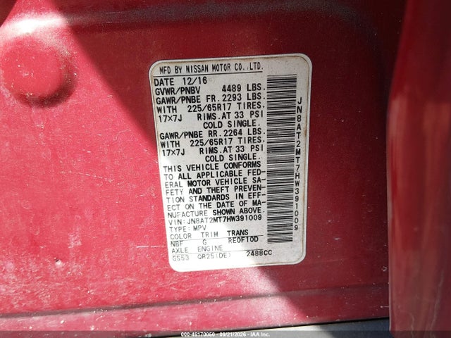 46170050 :رقم المزاد ، JN8AT2MT7HW391009 vin ، 2017 Nissan Rogue Sv مزاد بيع
