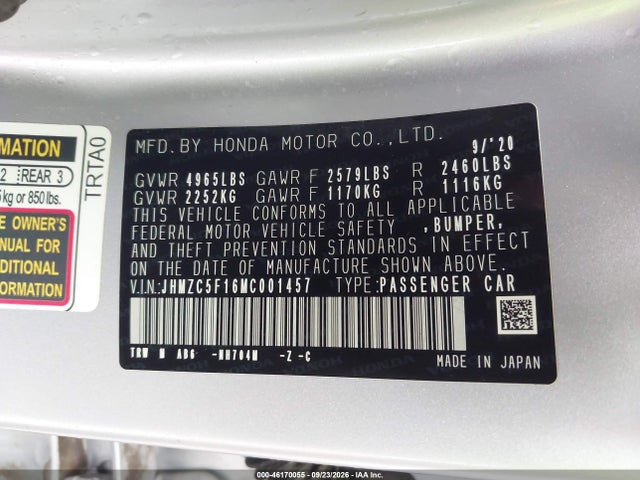 JHMZC5F16MC001457 Honda CLARITY PLUG-IN HYBRID