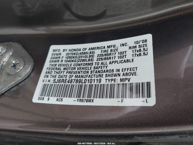 Продаж на аукціоні авто 2009 Honda Cr-v Ex-l, vin: 5J6RE48789L010119, номер лоту: 46170058