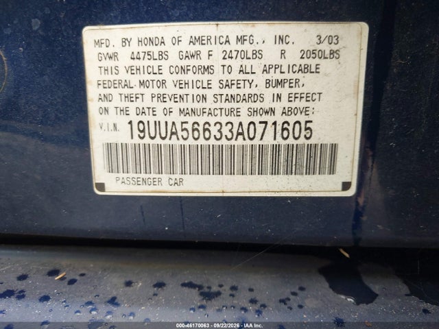 Aukcja sprzedaży 2003 Acura Tl 3.2, vin: 19UUA56633A071605, numer aukcji: 46170063