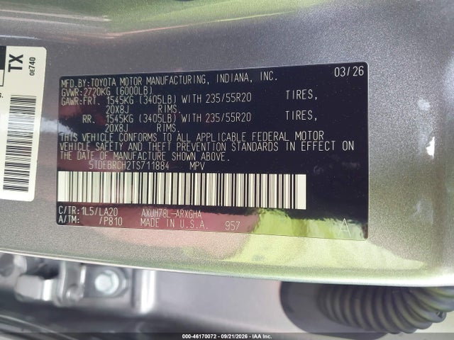 Aukcja sprzedaży 2026 Toyota Highlander Hybrid Platinum, vin: 5TDEBRCH2TS711884, numer aukcji: 46170072