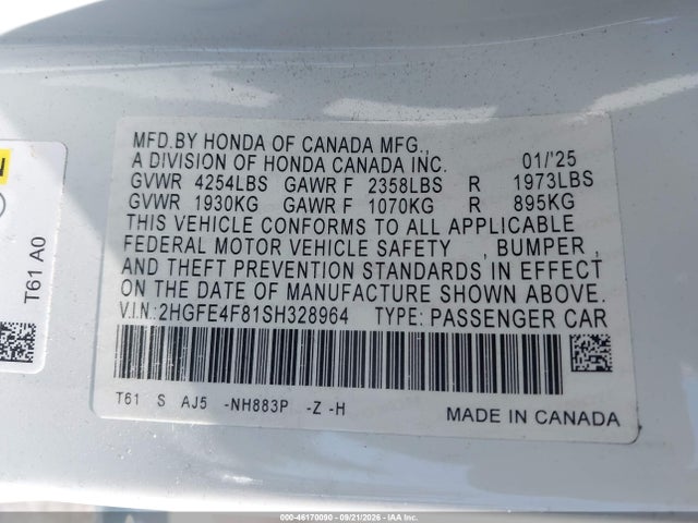 2025 Honda Civic Hybrid Sport/sport Touring მანქანა იყიდება აუქციონზე, vin: 2HGFE4F81SH328964, აუქციონის ნომერი: 46170090
