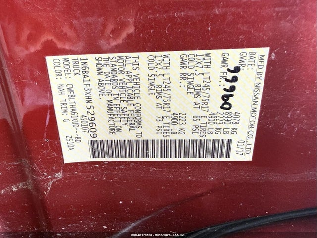 46170103 :رقم المزاد ، 1N6BA1F3XHN529609 vin ، 2017 Nissan Titan Xd Sv Diesel مزاد بيع
