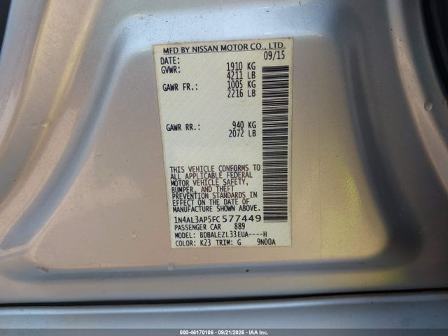 46170106 :رقم المزاد ، 1N4AL3AP5FC577449 vin ، 2015 Nissan Altima 2.5 S مزاد بيع