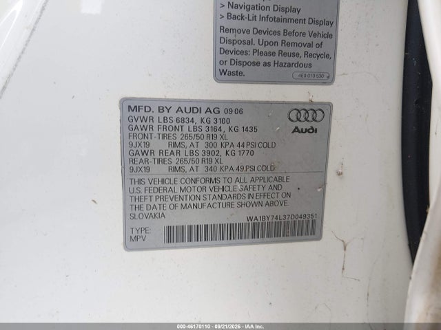 Aukcja sprzedaży 2007 Audi Q7 3.6 Premium, vin: WA1BY74L37D049351, numer aukcji: 46170110